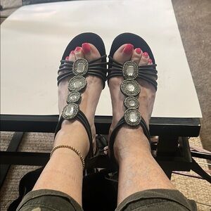 Chic Black Sandals with Gemstone Details